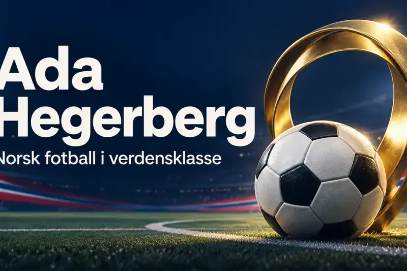 Grafikk med en fotball og en gyllen ring på en opplyst fotballbane, med teksten «Ada Hegerberg – Norsk fotball i verdensklasse».