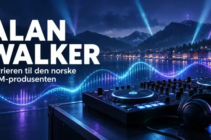 Illustrasjon med DJ-utstyr, hodetelefoner og blå og lilla lysstråler ved teksten «Alan Walker – Karrieren til den norske EDM-produsenten».