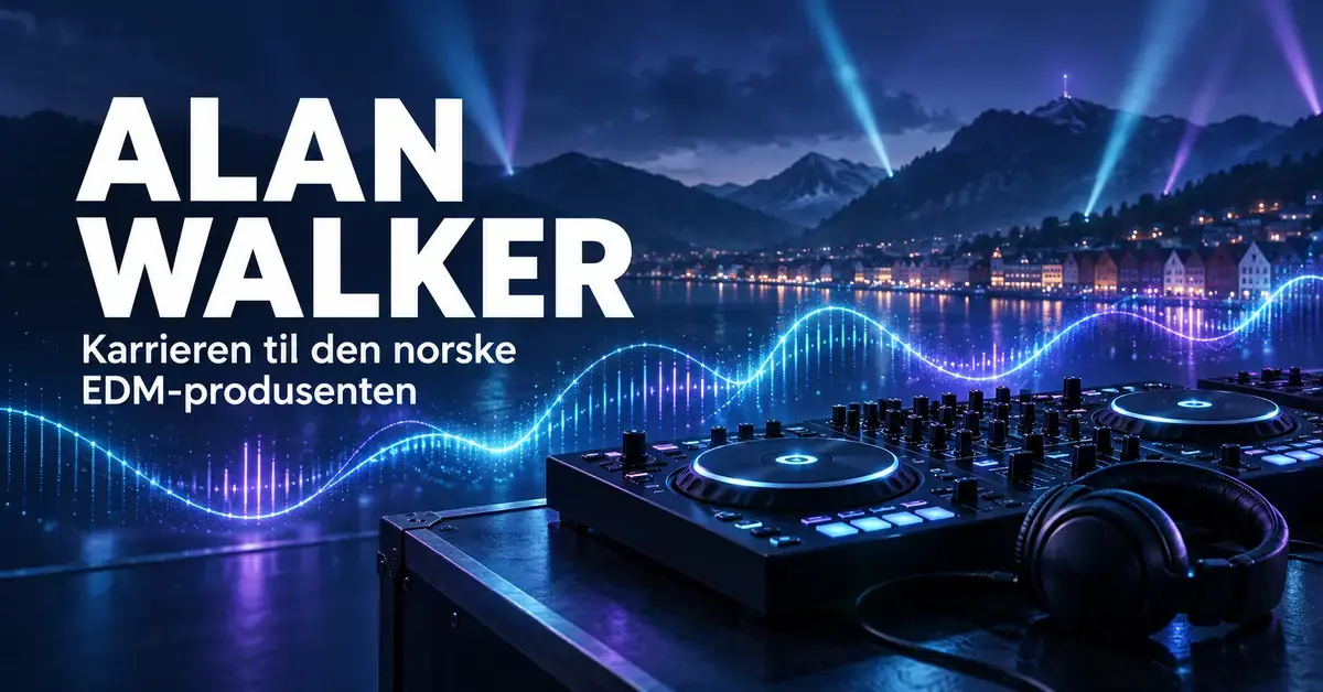 Illustrasjon med DJ-utstyr, hodetelefoner og blå og lilla lysstråler ved teksten «Alan Walker – Karrieren til den norske EDM-produsenten».