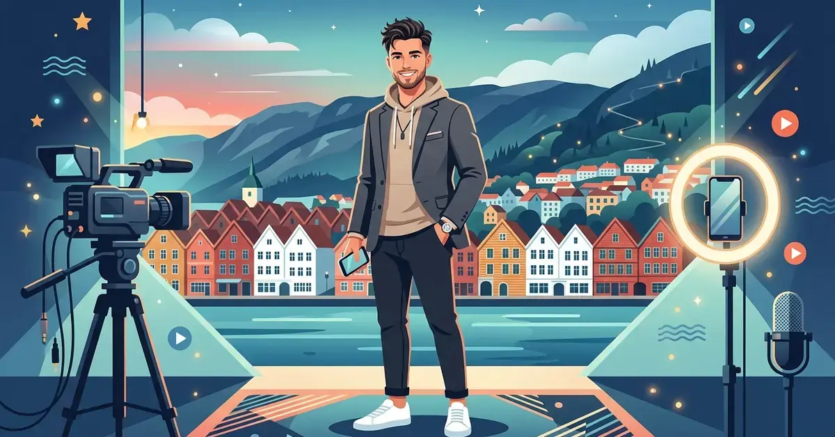 En illustrasjon av en reality-profil og influenser foran Bryggen i Bergen, omgitt av TV- og medieelementer.