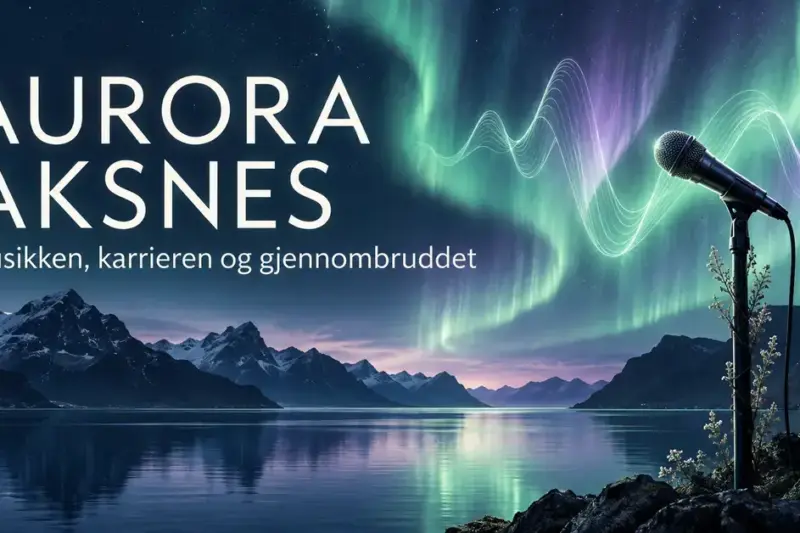 Illustrasjon med mikrofon, nordlys og lysende lydbølger over en fjord, med teksten «Aurora Aksnes – Musikken, karrieren og gjennombruddet».
