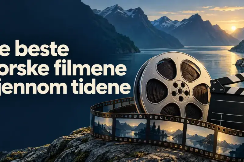 Filmrull, filmstripe og klapper foran en norsk fjord i solnedgang, med teksten «De beste norske filmene gjennom tidene».