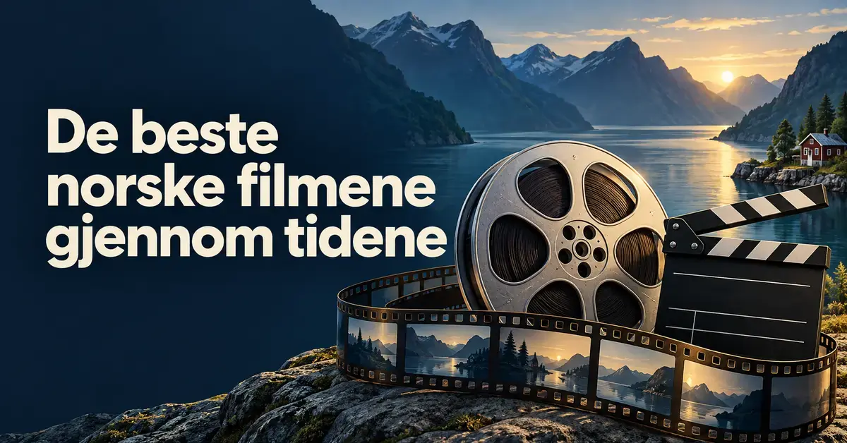 Filmrull, filmstripe og klapper foran en norsk fjord i solnedgang, med teksten «De beste norske filmene gjennom tidene».