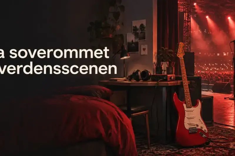 Illustrasjon av en rød elgitar og et hjemmestudio som glir over i en konsertscene med rødt lys, med teksten «Fra soverommet til verdensscenen».