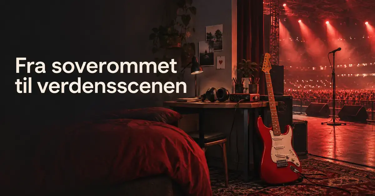Illustrasjon av en rød elgitar og et hjemmestudio som glir over i en konsertscene med rødt lys, med teksten «Fra soverommet til verdensscenen».