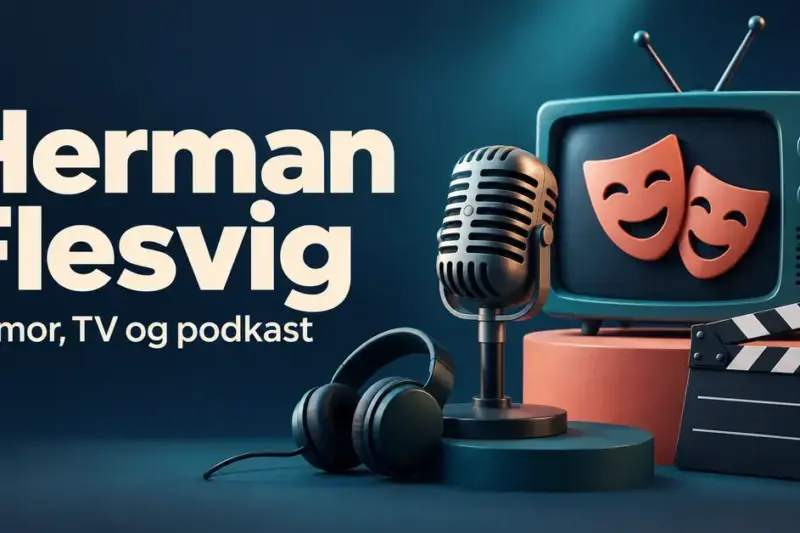 Illustrasjon med teksten «Herman Flesvig – Humor, TV og podkast», en mikrofon, hodetelefoner, en TV med smilende teatermasker og en filmklapper.