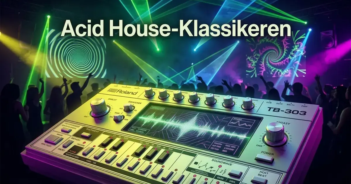 Grafisk illustrasjon med en Roland TB-303 synthesizer i et fargerikt 90-talls klubbmiljø for å representere acid house-klassikeren «Higher State of Consciousness».