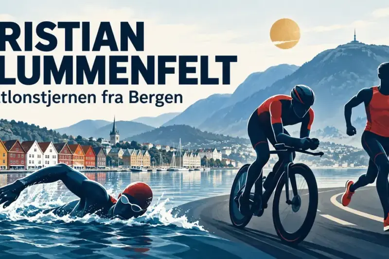 Illustrasjon av en svømmer, en syklist og en løper foran Bryggen og fjellene i Bergen, med teksten «Kristian Blummenfelt – Triatlonstjernen fra Bergen».