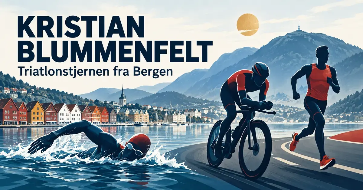 Illustrasjon av en svømmer, en syklist og en løper foran Bryggen og fjellene i Bergen, med teksten «Kristian Blummenfelt – Triatlonstjernen fra Bergen».