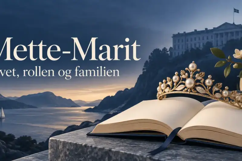 Illustrasjon med et gyllent diadem på en åpen bok, fjord og slott i bakgrunnen og teksten «Mette-Marit – Livet, rollen og familien».