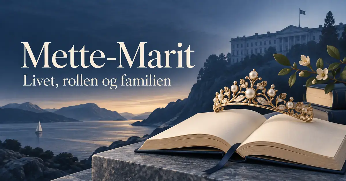 Illustrasjon med et gyllent diadem på en åpen bok, fjord og slott i bakgrunnen og teksten «Mette-Marit – Livet, rollen og familien».