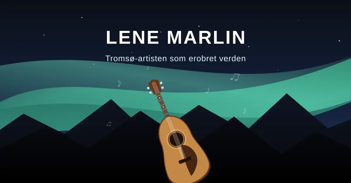 En stemningsfull illustrasjon av en akustisk gitar foran nordlys og snøkledde fjell, som symboliserer artisten Lene Marlin fra Tromsø.