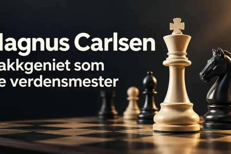 En lys konge og en mørk springer på et sjakkbrett med teksten «Magnus Carlsen – Sjakkgeniet som ble verdensmester».