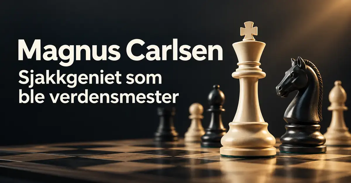 En lys konge og en mørk springer på et sjakkbrett med teksten «Magnus Carlsen – Sjakkgeniet som ble verdensmester».