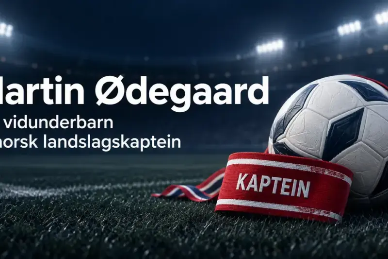 Fotball og rødt kapteinsbind på en opplyst fotballbane med teksten «Martin Ødegaard – Fra vidunderbarn til norsk landslagskaptein».