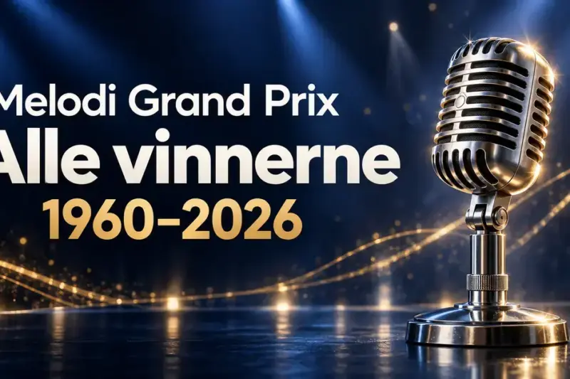 En sølvfarget retromikrofon i blått og gyllent scenelys ved siden av teksten «Melodi Grand Prix – Alle vinnerne 1960–2026».