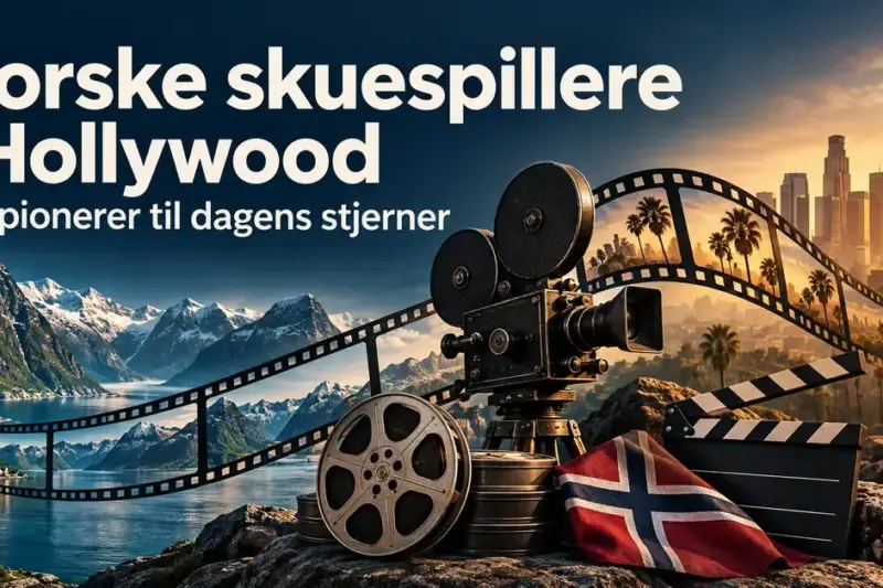 Illustrasjon med norske fjorder, norsk flagg, filmkamera og filmremse som knytter Norge til Los Angeles, med teksten «Norske skuespillere i Hollywood – Fra pionerer til dagens stjerner».
