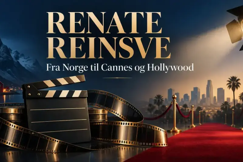 Illustrasjon med filmklapper, filmruller, norsk fjellandskap og rød løper mot Hollywood, med teksten «Renate Reinsve – Fra Norge til Cannes og Hollywood».
