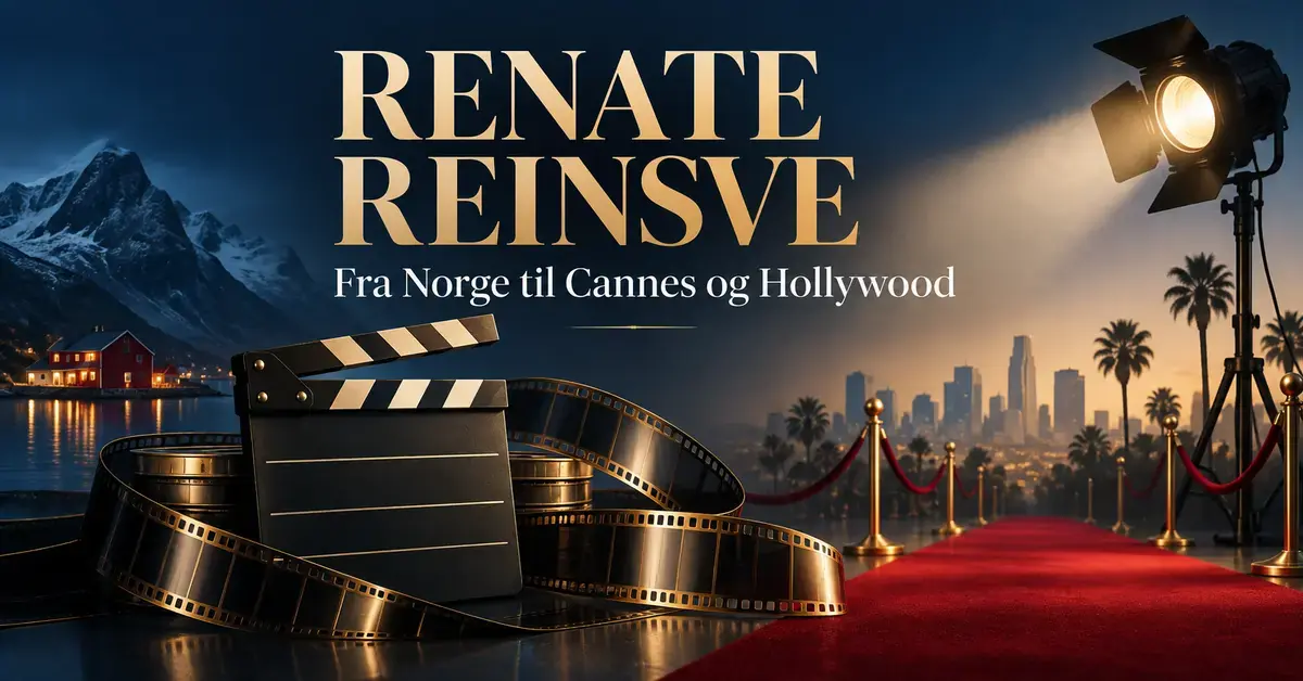 Illustrasjon med filmklapper, filmruller, norsk fjellandskap og rød løper mot Hollywood, med teksten «Renate Reinsve – Fra Norge til Cannes og Hollywood».