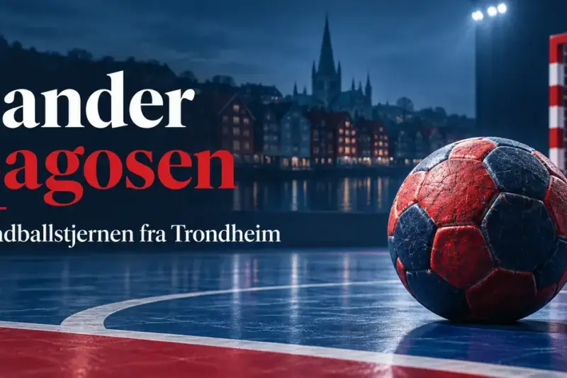 Illustrasjon av en rød og blå håndball foran et håndballmål og Trondheims bysilhuett, med teksten «Sander Sagosen – Håndballstjernen fra Trondheim».