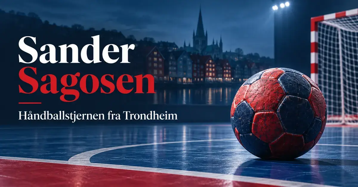 Illustrasjon av en rød og blå håndball foran et håndballmål og Trondheims bysilhuett, med teksten «Sander Sagosen – Håndballstjernen fra Trondheim».