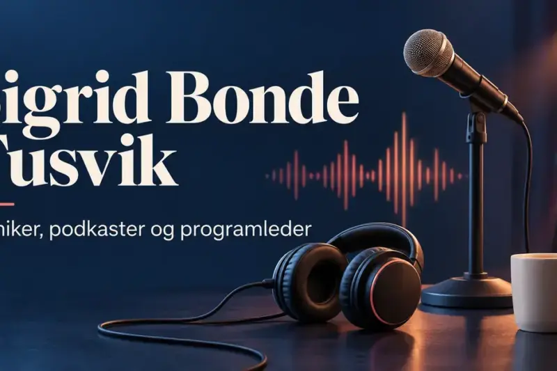 Illustrasjon med mikrofon, hodetelefoner og lydbølger på mørk blå bakgrunn, med teksten «Sigrid Bonde Tusvik – Komiker, podkaster og programleder».