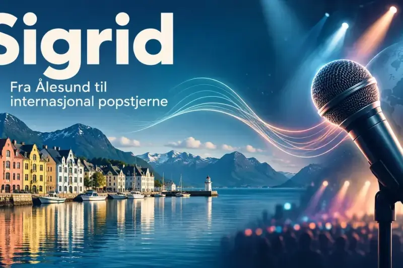 Illustrasjon med Ålesund-inspirert bebyggelse, fjord og fjell ved siden av en mikrofon og scenelys, med teksten «Sigrid – Fra Ålesund til internasjonal popstjerne».