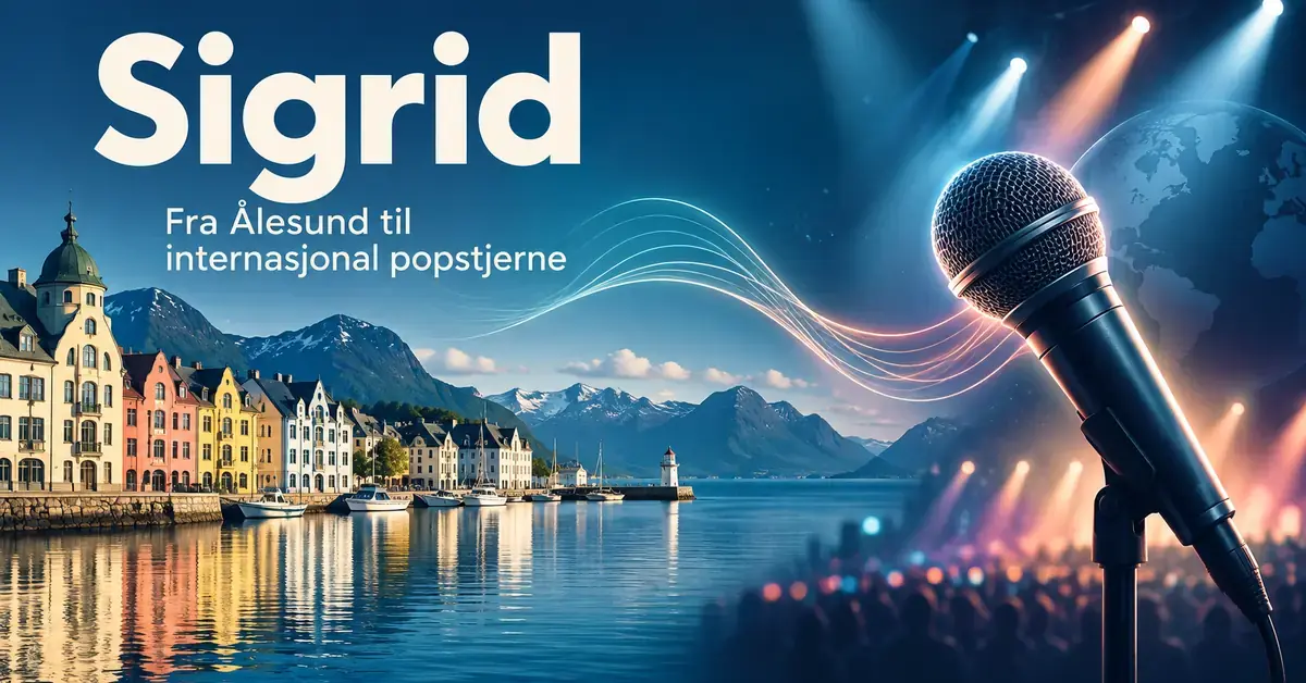 Illustrasjon med Ålesund-inspirert bebyggelse, fjord og fjell ved siden av en mikrofon og scenelys, med teksten «Sigrid – Fra Ålesund til internasjonal popstjerne».