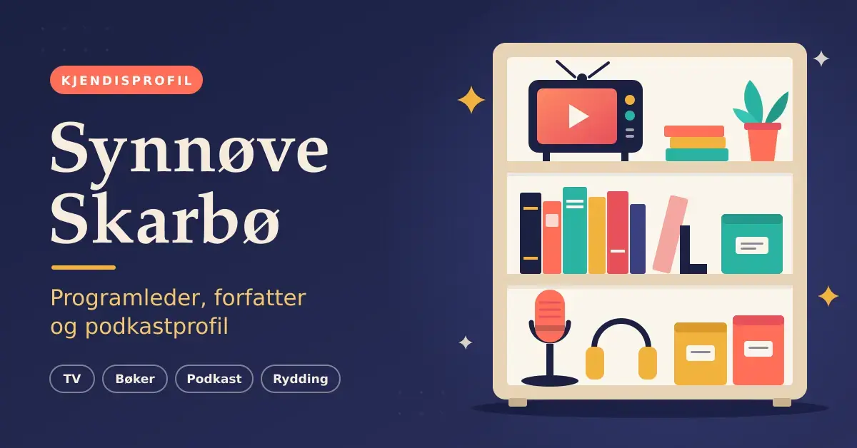 Illustrasjon med teksten «Synnøve Skarbø – Programleder, forfatter og podkastprofil» ved siden av en ryddig bokhylle med TV, bøker, mikrofon, hodetelefoner og oppbevaringsbokser.
