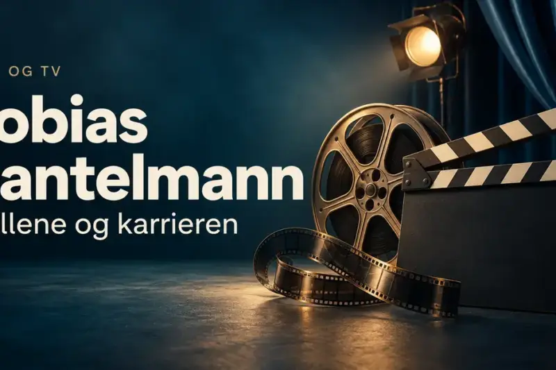 Illustrasjon med filmklapper, filmrull og scenelys ved siden av teksten «Tobias Santelmann – Rollene og karrieren» på mørk blå bakgrunn.