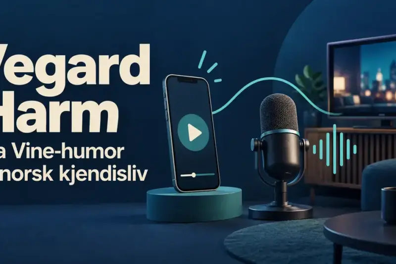 Illustrasjon med mobiltelefon, mikrofon og TV ved siden av teksten «Vegard Harm – Fra Vine-humor til norsk kjendisliv» på mørkeblå bakgrunn.