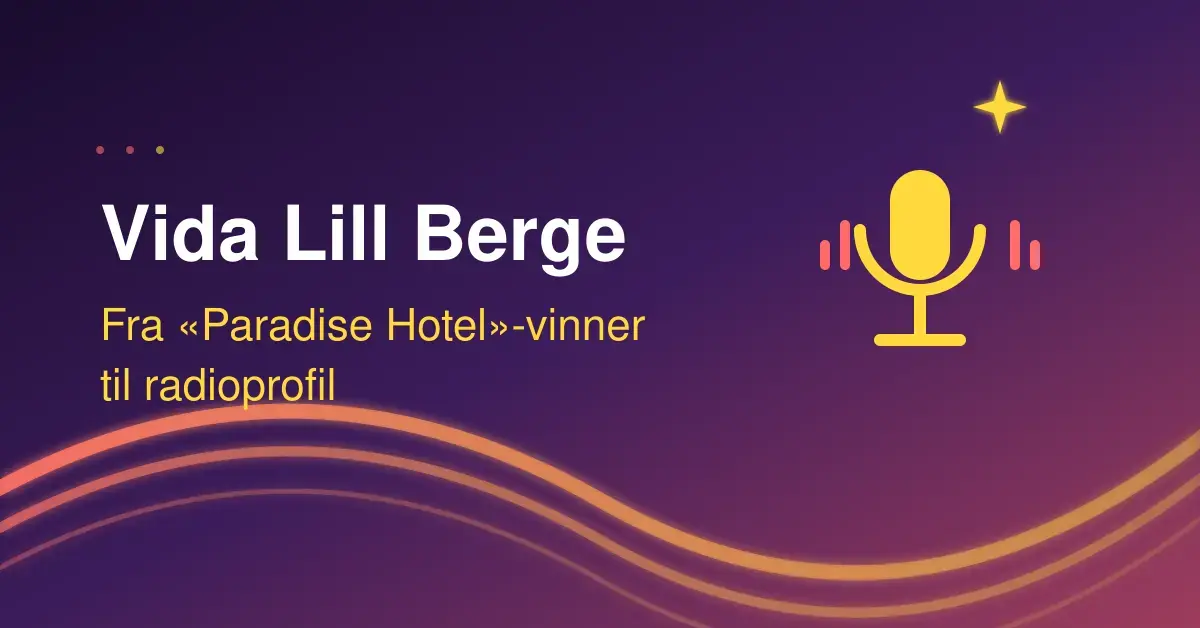 En moderne grafisk illustrasjon for en artikkel om Vida Lill Berge, med en gul mikrofon og teksten 'Fra «Paradise Hotel»-vinner til radioprofil'.