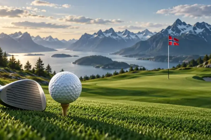 Illustrasjon av en golfball på en peg og en golfkølle foran en golfbane med norsk flagg, fjord og fjell i bakgrunnen.