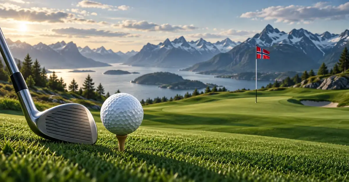 Illustrasjon av en golfball på en peg og en golfkølle foran en golfbane med norsk flagg, fjord og fjell i bakgrunnen.
